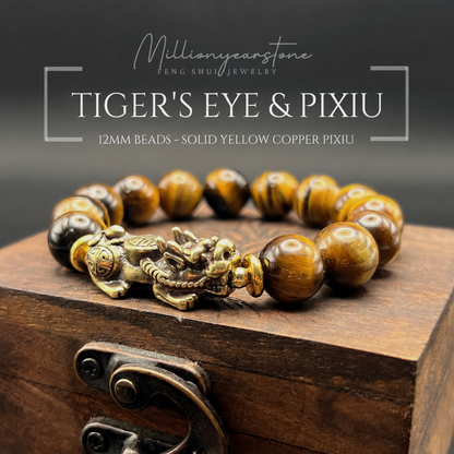 Pixiu bracelet - Tiger' Eye 12mm x Yellow Copper charm
