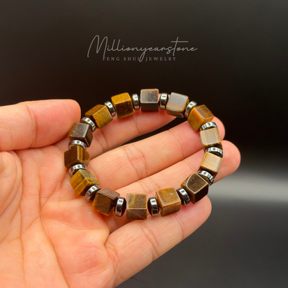 Tiger Eye Square Bead Bracelet 9x9mm | Hematite Spacers
