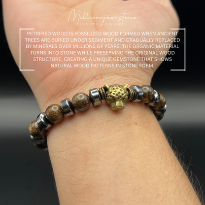 Petrified Wood Bracelet with Copper Leopard Charm | 8mm