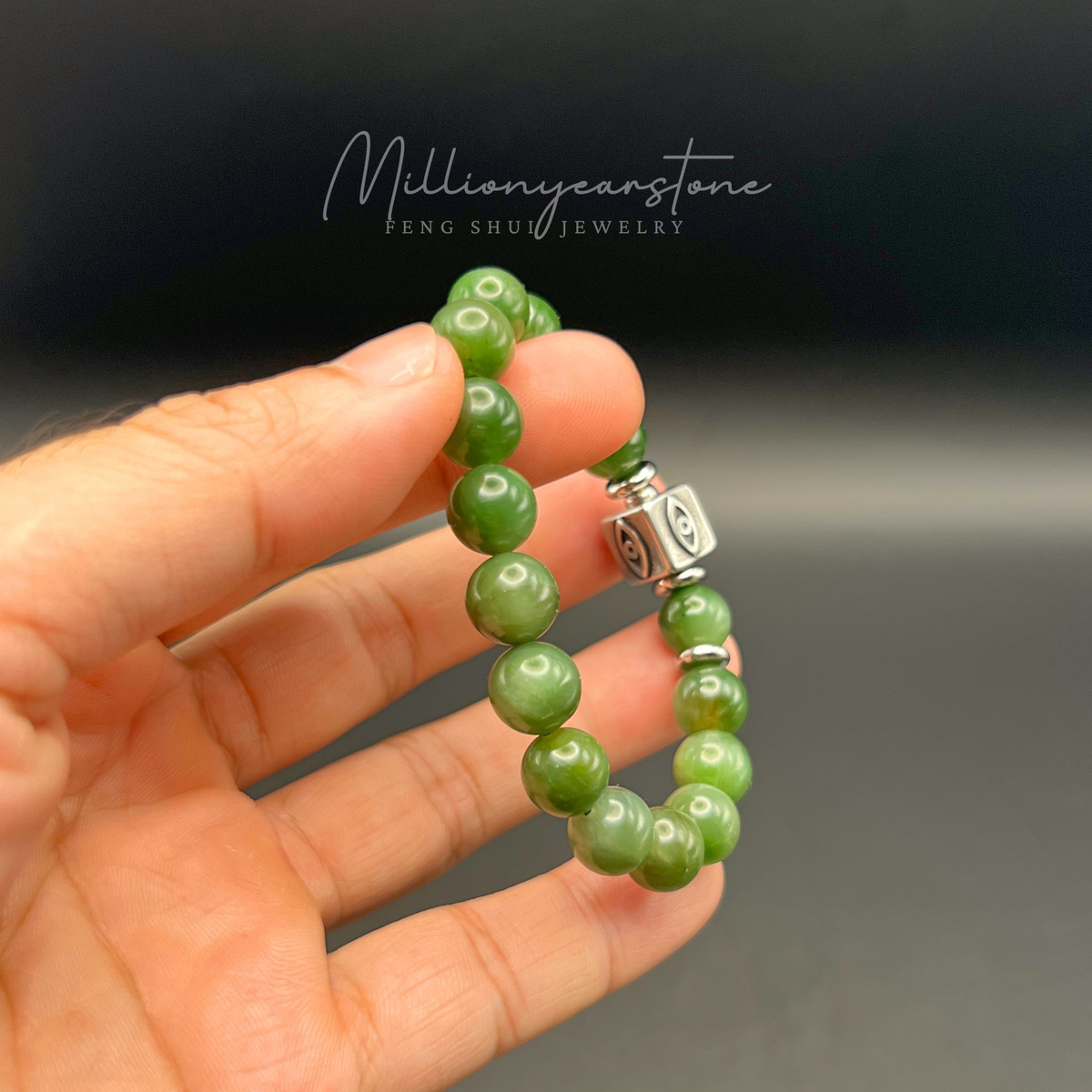 Evil Eye Charm braclet, Nephrite Jade Bracelet 9.5mm - Stainless steel charm