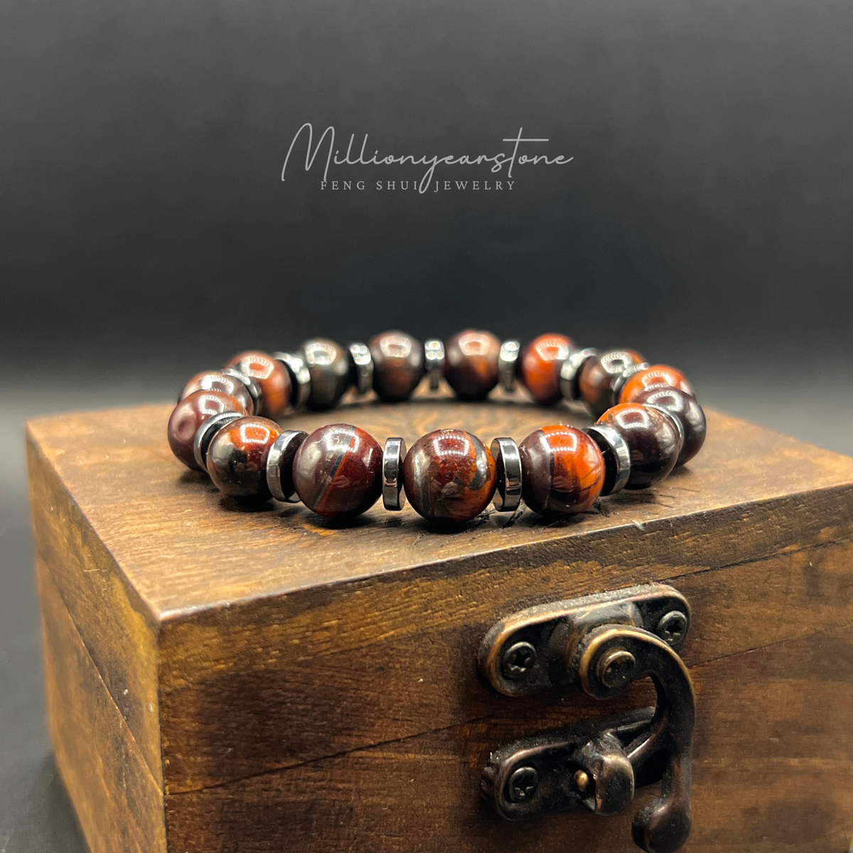 Red Tiger's Eye bracelet - Hematite spacer - 10mm