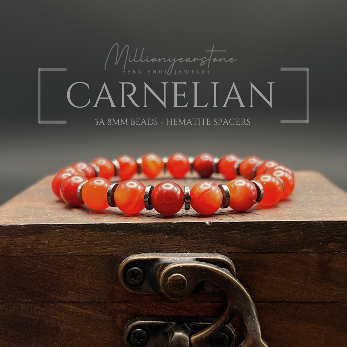 Natural Carnelian Hematite Beaded Bracelet, 8mm Feng Shui Gemstone Jewelry