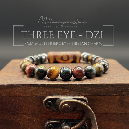 Tibetan Feng shui bracelet - Three-Eye Dzi charm , Multi Tiger Eye & Hematite 8mm