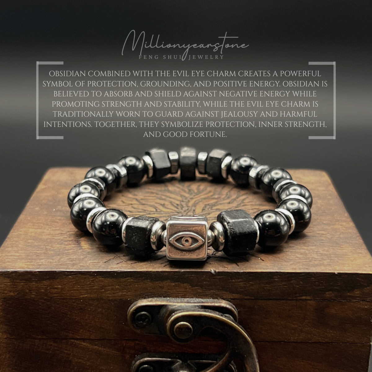 Evil Eye charm bracelet | Obsidian gemstone 10mm