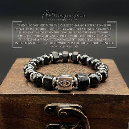 Evil Eye charm bracelet | Obsidian gemstone 10mm