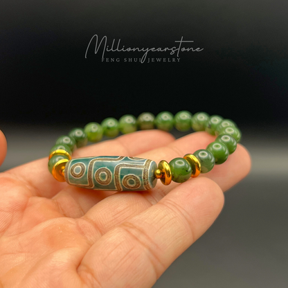 Tibetan Feng Shui bracelet - Nephrite Jade 7.5mm with Nine Eye Dzi charm