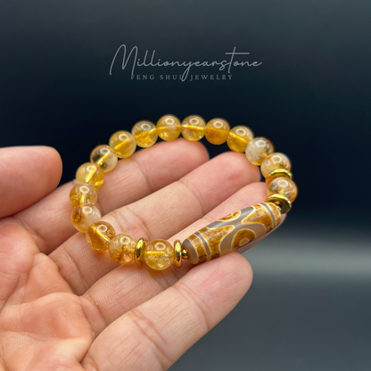 Tibetan Feng Shui bracelet - Citrine with Three Eye Dzi charm - 8mm