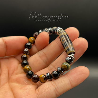 Tibetan Feng Shui bracelet - Multi Tiger's eye 8mm - Three Eye Dzi charm