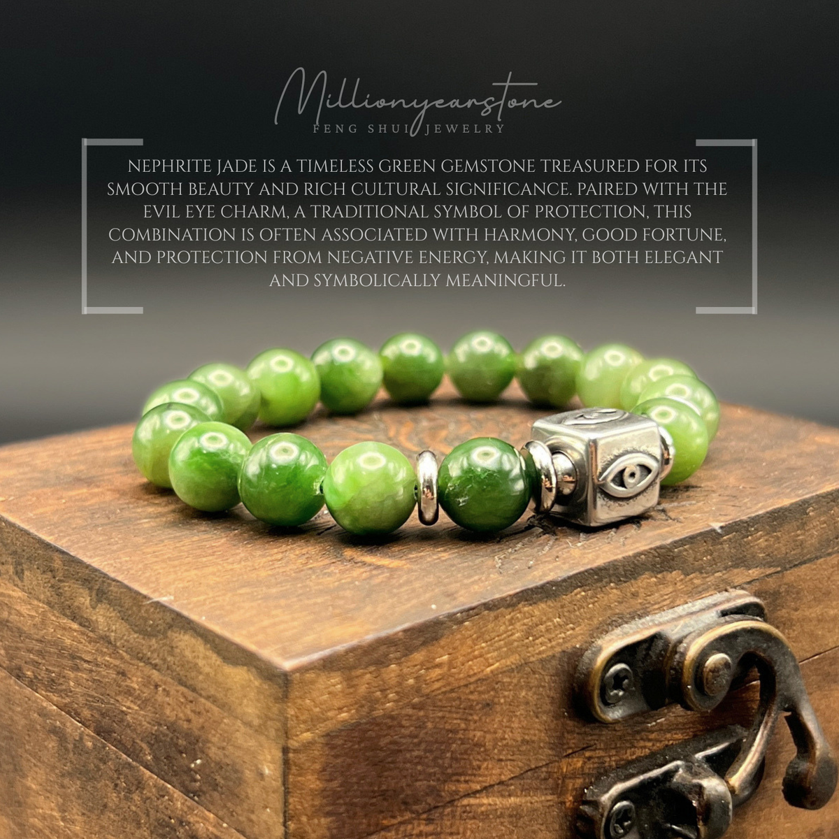 Evil Eye Charm braclet, Nephrite Jade Bracelet 9.5mm - Stainless steel charm