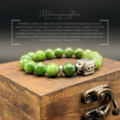 Evil Eye Charm braclet, Nephrite Jade Bracelet 9.5mm - Stainless steel charm