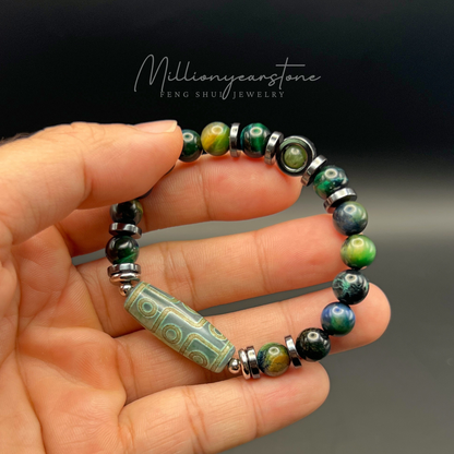 Tibetan Feng Shui bracele - Blue Green Tiger eye 8mm - Nine Eye Dzi charm