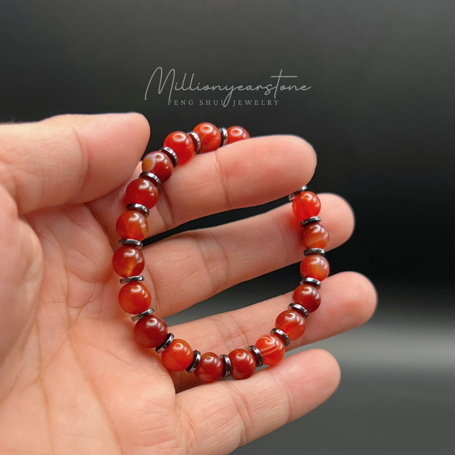 Natural Carnelian Hematite Beaded Bracelet, 8mm Feng Shui Gemstone Jewelry