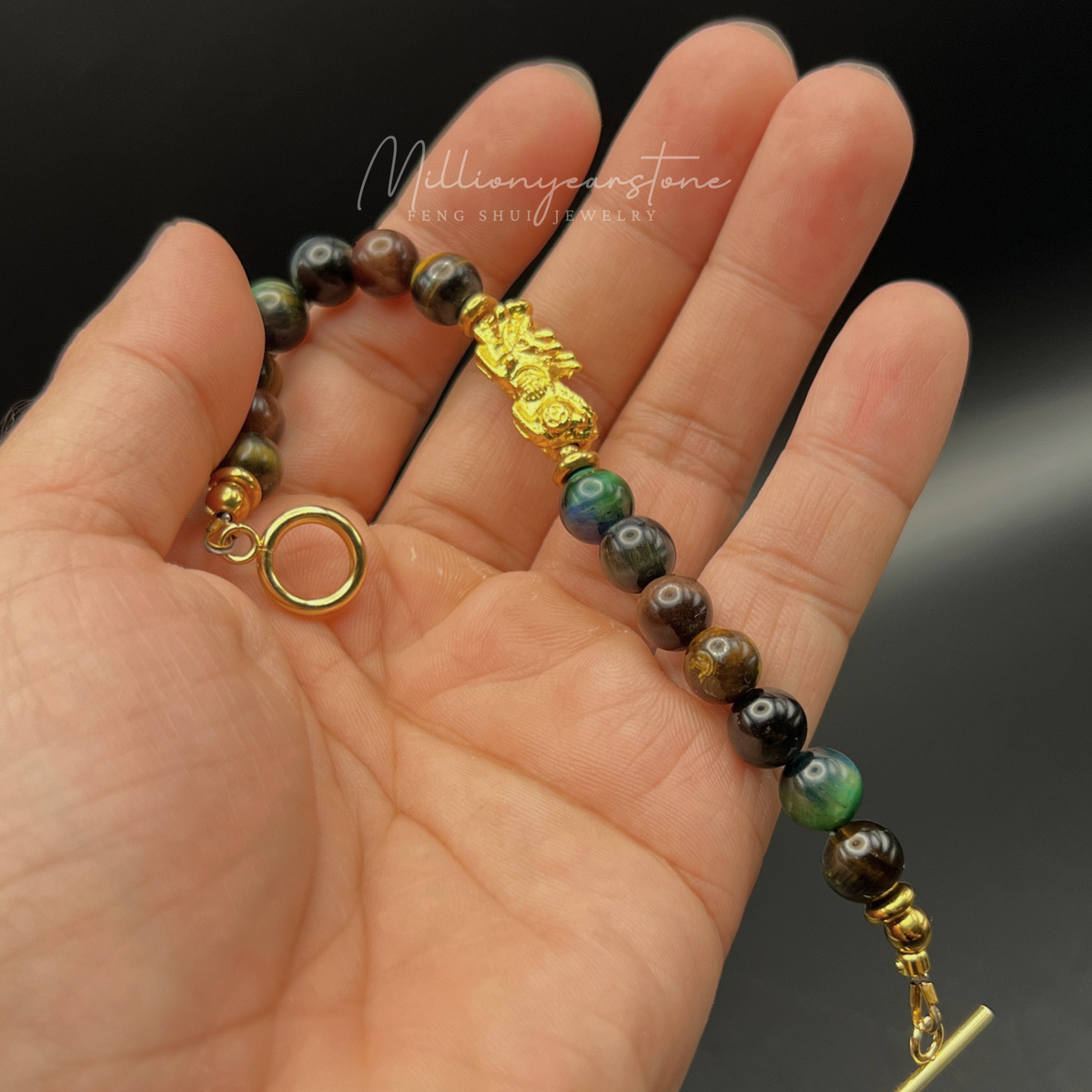 Pixiu bracelet – Multi-Color Tiger Eye 8mm & 24K Gold Filled Charm