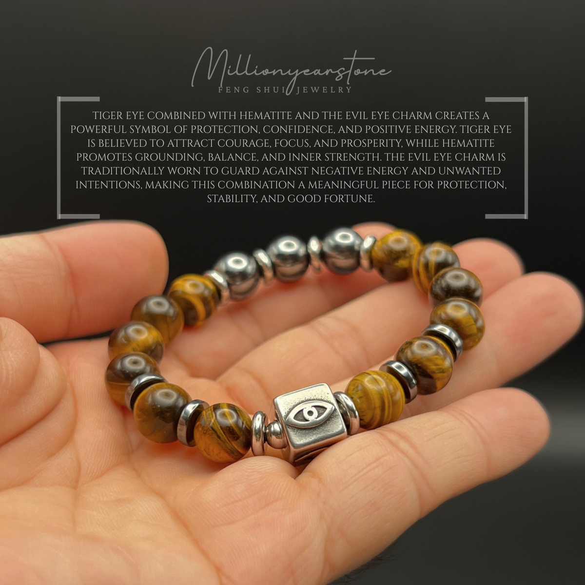 Evil Eye Guardian bracelet | Hematite & Tiger's eye | 10mm