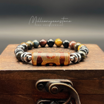 Tibetan Feng shui bracelet - Three-Eye Dzi charm , Multi Tiger Eye & Hematite 8mm