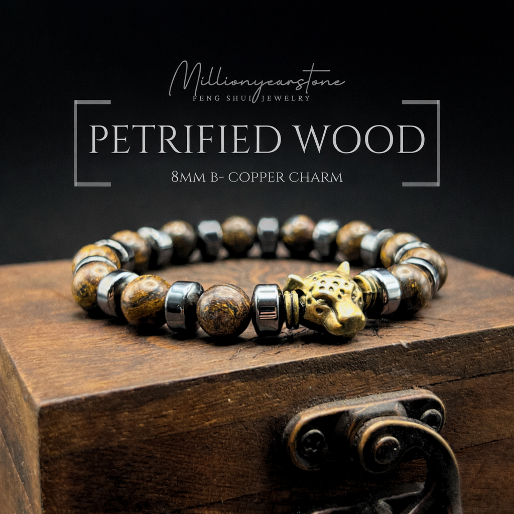 Petrified Wood Bracelet with Copper Leopard Charm | 8mm