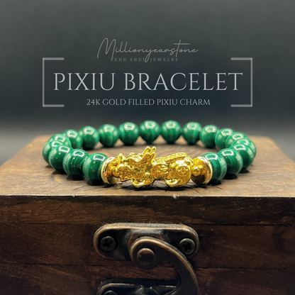 Pixiu bracelet - Malachite & 24k gold filled charm | 8mm