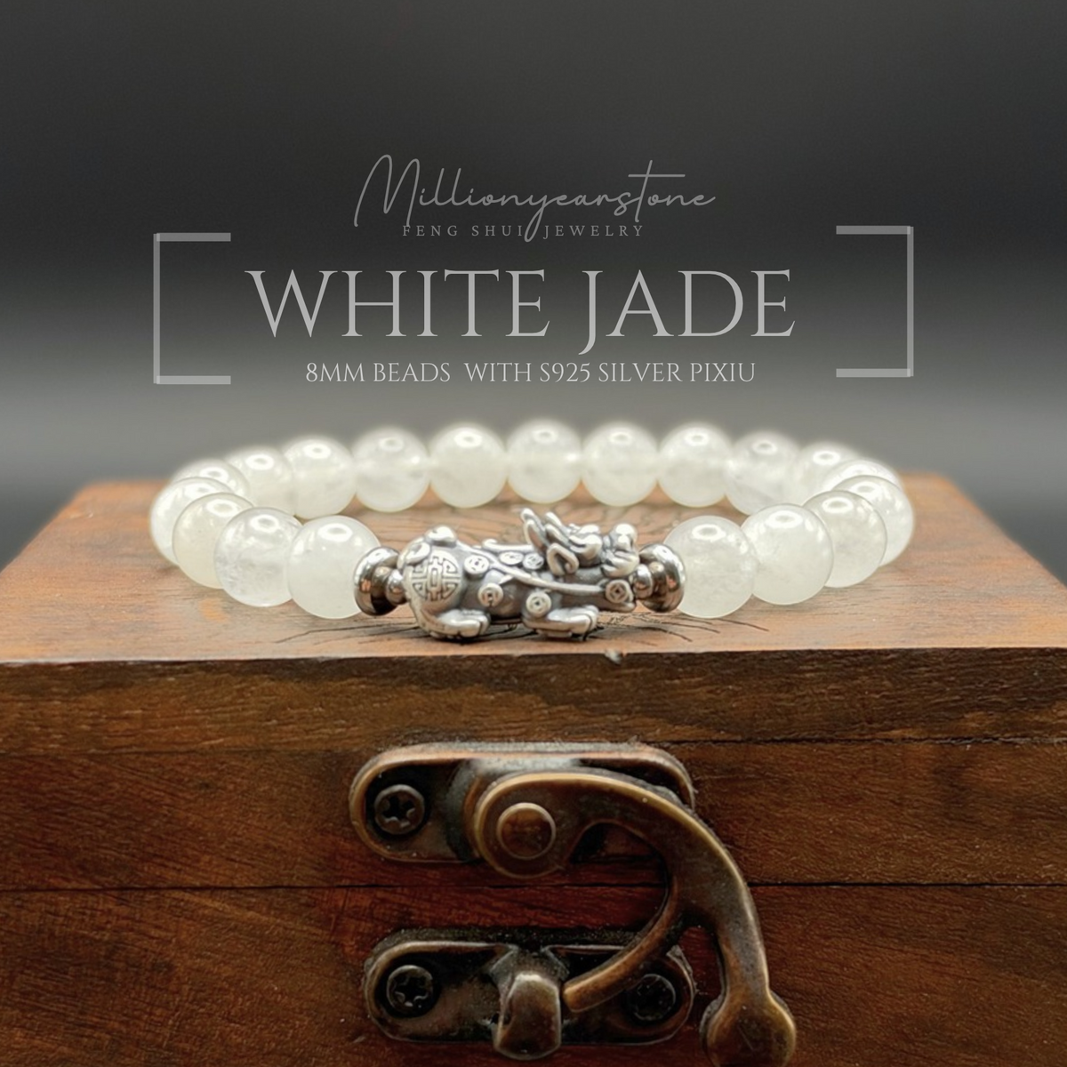 Pixiu bracelet - White Jade with Sterling Silver Pixiu | 8mm