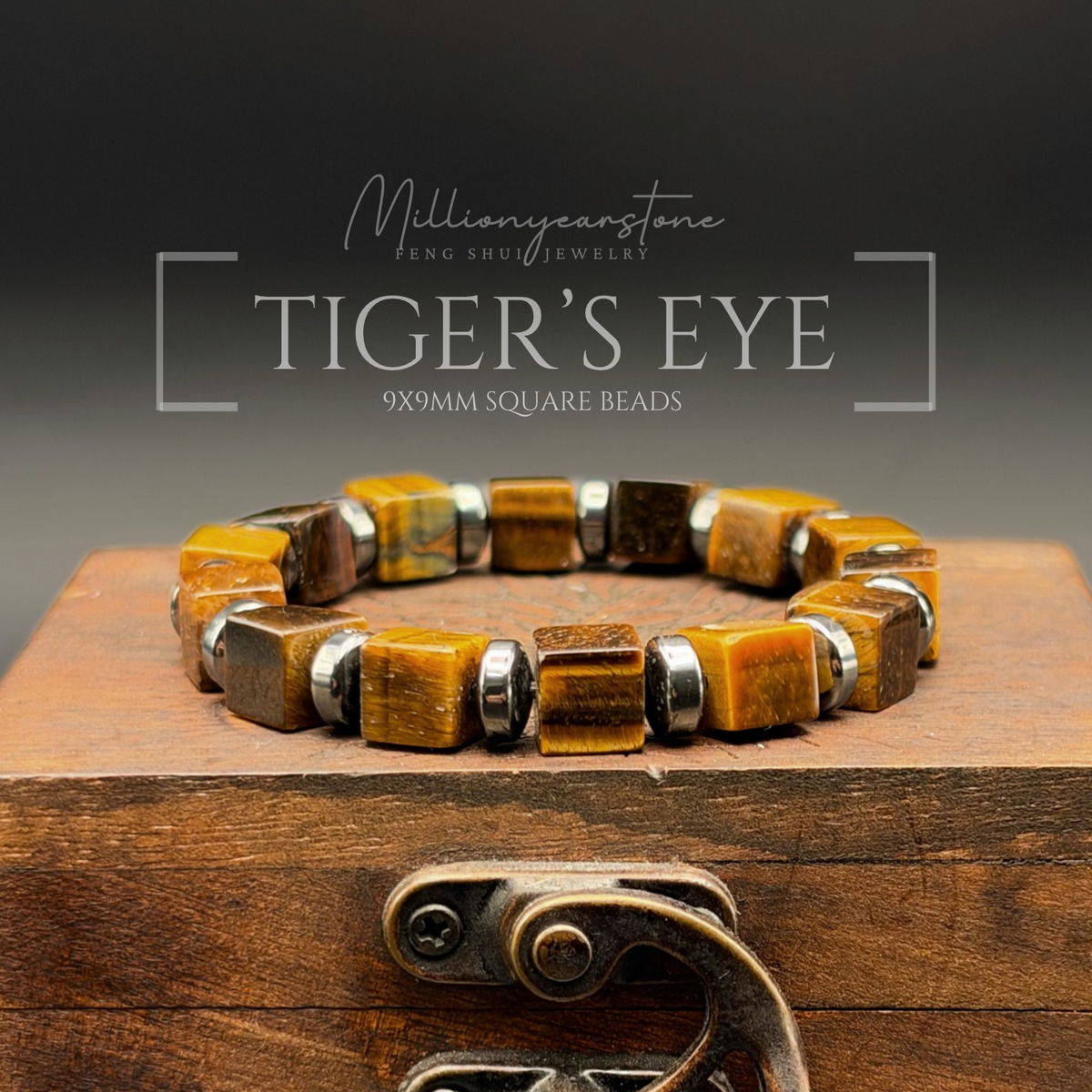 Tiger Eye Square Bead Bracelet 9x9mm | Hematite Spacers