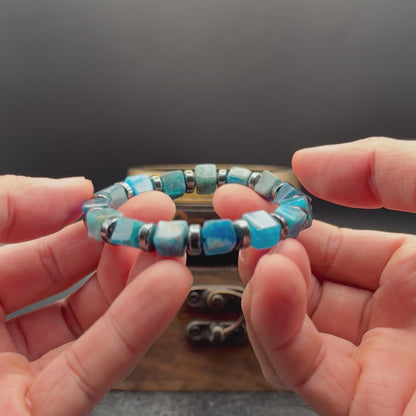 Blue Apatite Bracelet 9mm Square Beads | Hematite Spacers