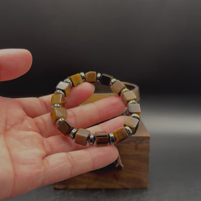 Tiger Eye Square Bead Bracelet 9x9mm | Hematite Spacers