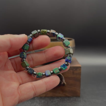 Azurite Bracelet 7x7mm Square Beads | Hematite Spacers