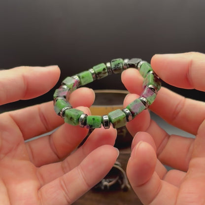 Ruby Zoisite Bracelet, 8x8mm Square Beads, Hematite Spacers
